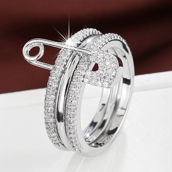 Jewelry - Multi-layer silver tone cubic zirconia safety pin ring